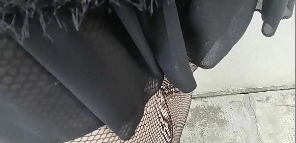  Your mother wants to piss in a public garden so she bends over and shows you her pussy under a pair of fishnet stockings